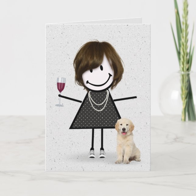 Cartão Stick Figure Birthday Girl with Dog (Frente)