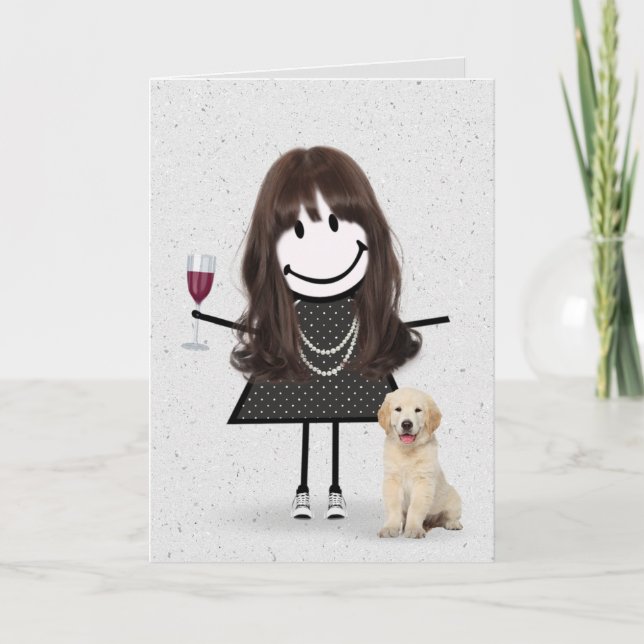 Cartão Stick Figure Birthday Girl with Dog (Frente)