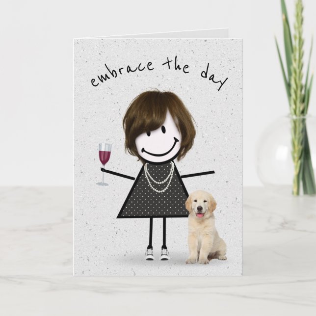 Cartão Stick Figure Birthday Girl with Dog (Frente)