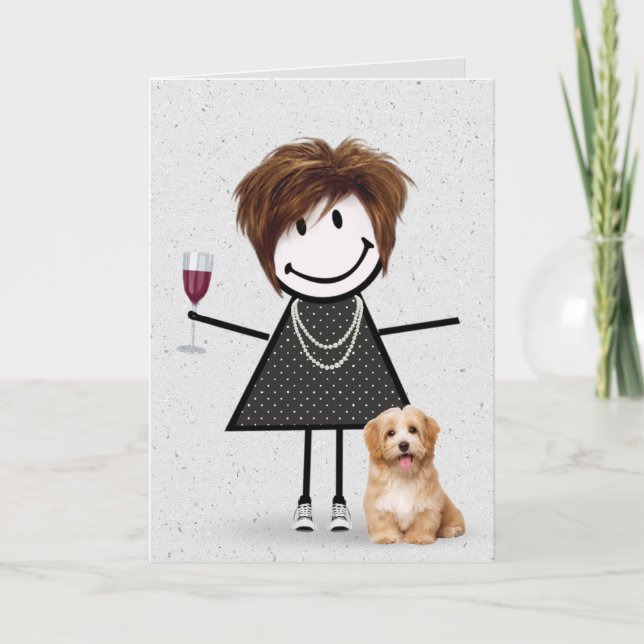 Cartão Stick Figure Birthday Girl with Dog (Frente)
