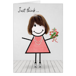 Cartão Stick Figure Girl com Buquê de aniversário