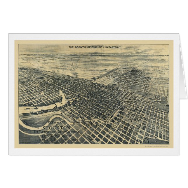 Cartão Stockton, mapa panorâmico de CA - 1895 (Frente Horizontal)