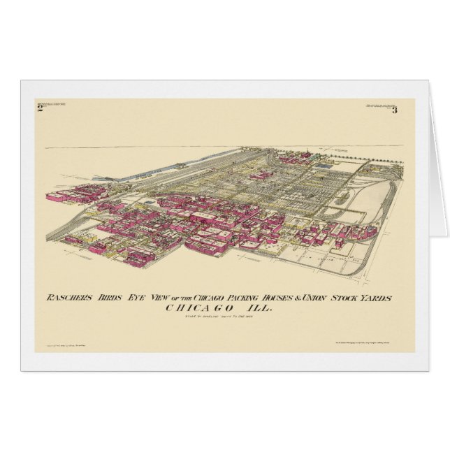 Cartão Stockyards mapa panorâmico de Chicago, IL - 1890 (Frente Horizontal)