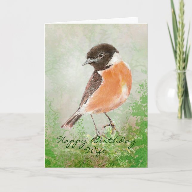 Cartão Stonechat  Bird Happy Birthday Wife (Frente)