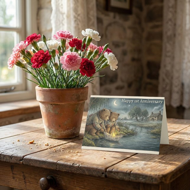 Cartão Storybook Bears Paper Boat | 1st Anniversary (Happy 1st Wedding Anniversary Cottagecore storybook bear & paper boat illustration greeting card)