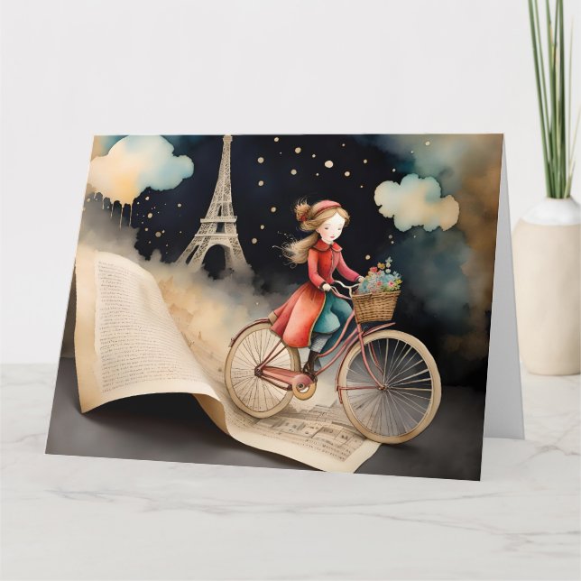 Cartão Storybook Watercolor Paris Bicycle Ride (Frente)