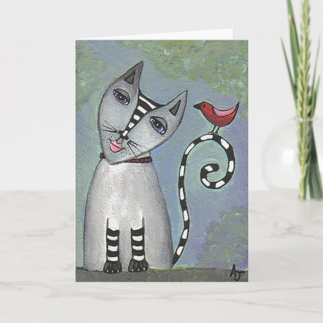 Cartão Striped Cat & Red Bird - Greeting Card (Frente)