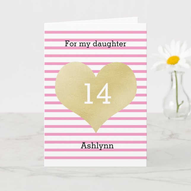 Cartão Striped Pink and Gold Heart 14th Birthday Daughter (Planta pequena)