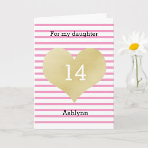 Cartão Striped Pink and Gold Heart 14th Birthday Daughter