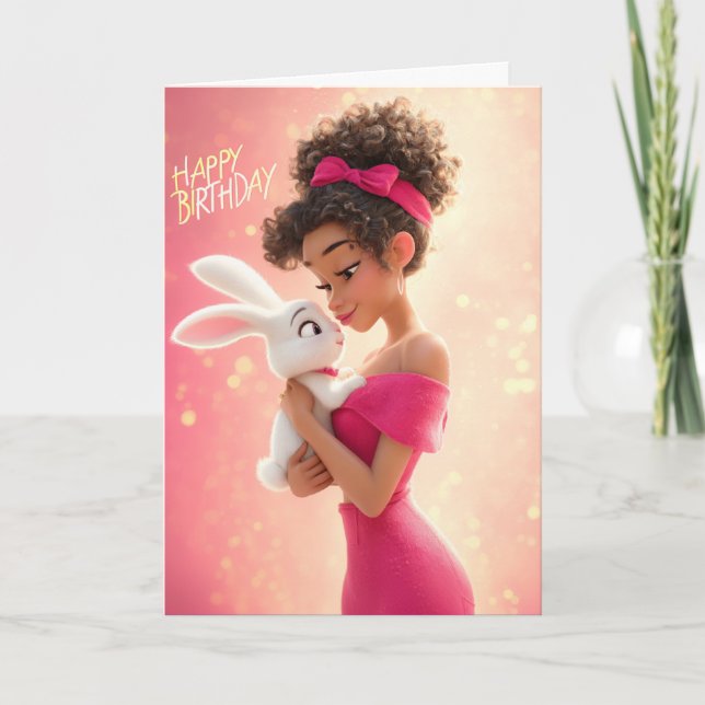 Cartão Stylish Girl in Hot Pink w/ White Bunny Birthday (Frente)