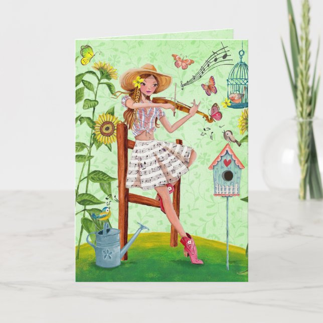Cartão Stylish green music girl & violin summer Greeting (Frente)
