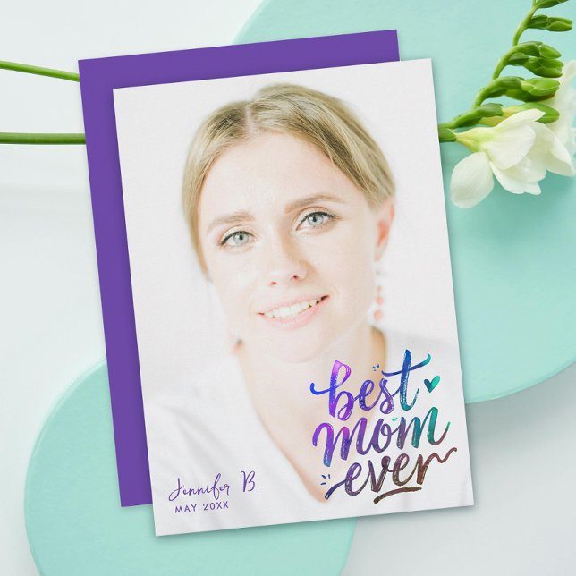Cartão Stylish Purple Best Mothers Day Photo Brush Script (Criador carregado)
