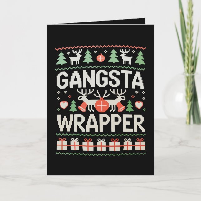 Cartão Suéter Feio de Natal Gangsta Wrapper Xmas (Frente)