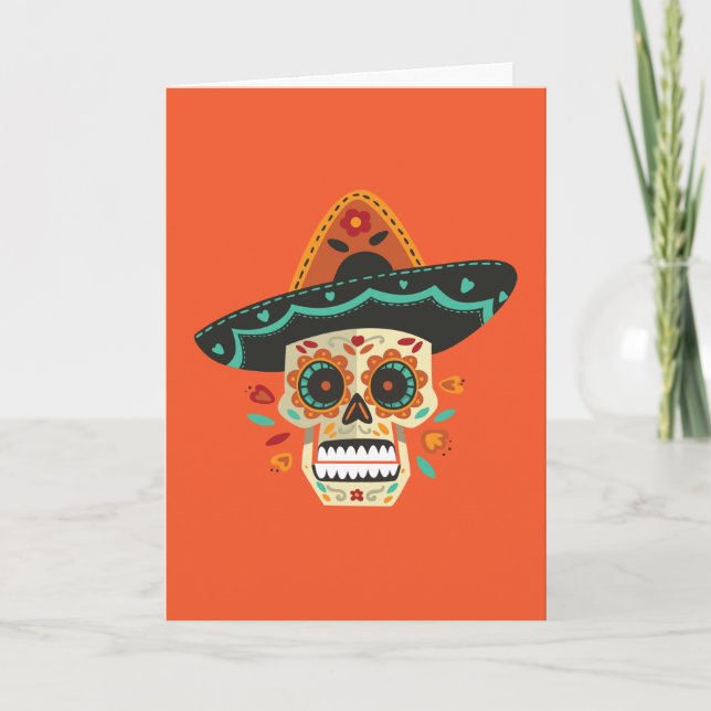 Cartão Sugar Skull Dia de Muertos with Hat Greeting Card (Frente)