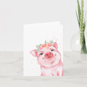Cartão Suíno de Aquarela Cuja Coroa Floral