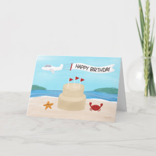 Cartão Summer Birthday Beach Sand Castle Cake