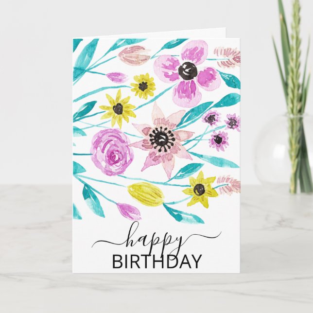 Cartão Summer Flowers Leaves Watercolor Happy Birthday (Frente)