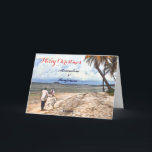 Cartão Summer Tropical Beach Weding Watercolor Christmas<br><div class="desc">A Carta de Natal de Casamento Tropical de Praia de Verão, Watercolor, tem um belo casal de casamento a desfrutar de uma caminhada romântica na praia com palmeiras, água do mar azul e céu. Fotografia do casal de casamento Denise Bennerson, fotógrafo tirado na bela praia em Ruas. Croix USA Virgin...</div>