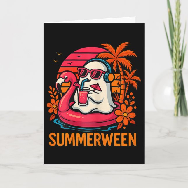 Cartão Summerwin Funny Ghost Halloween Summer Flamingo B (Frente)