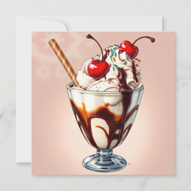 Cartão Sundae de Sorvete de Chocolate com Confeitos em Br (Frente)