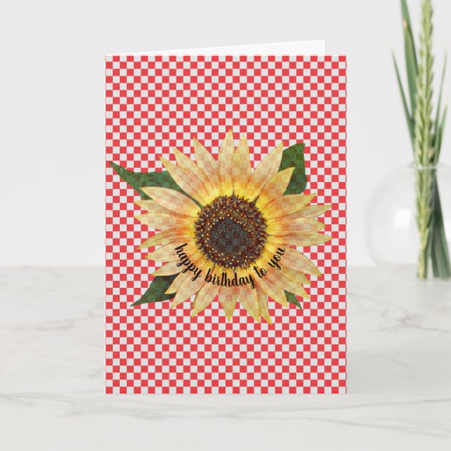 Cartão sunflower birthday on red and white gingham (Frente)