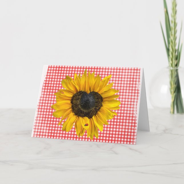 Cartão Sunflower e Ladybug em Gingham (Frente)