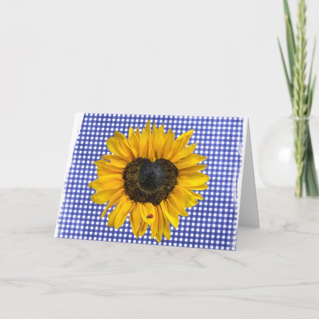 Cartão Sunflower e Ladybug em Gingham (Frente)