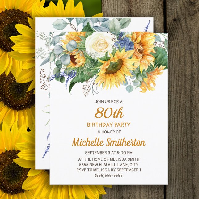 Cartão Sunflower Eucalyptus Floral 80 Aniversário (Sunflowers and eucalyptus 80th birthday party invitation)