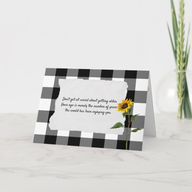 Cartão sunflower on black and white plaid birthday (Frente)