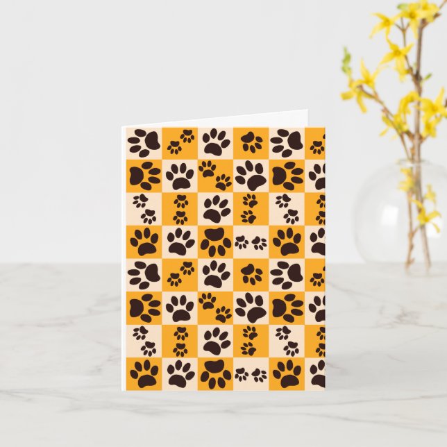 Cartão Sunny Cat Paw Print Checkerboard (Flor Amarela)