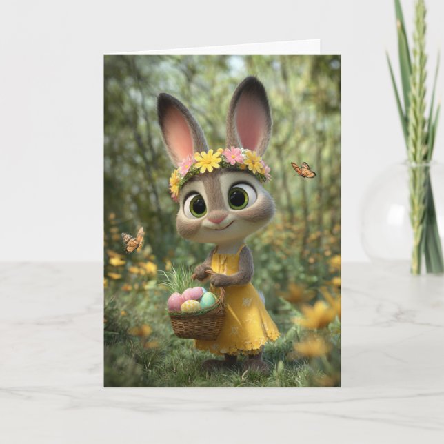 Cartão Sunny Yellow Dress Bunny with Easter Basket Card (Frente)