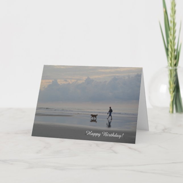 Cartão Sunrise Beach Walk Golden Retriever Birthday Card (Frente)