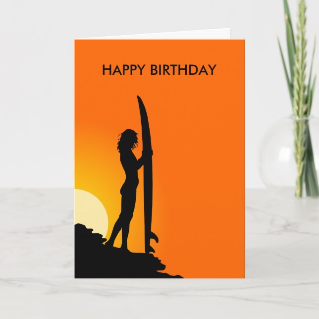Cartão Sunset Surfer Girl with surfboard Happy Birthday (Frente)