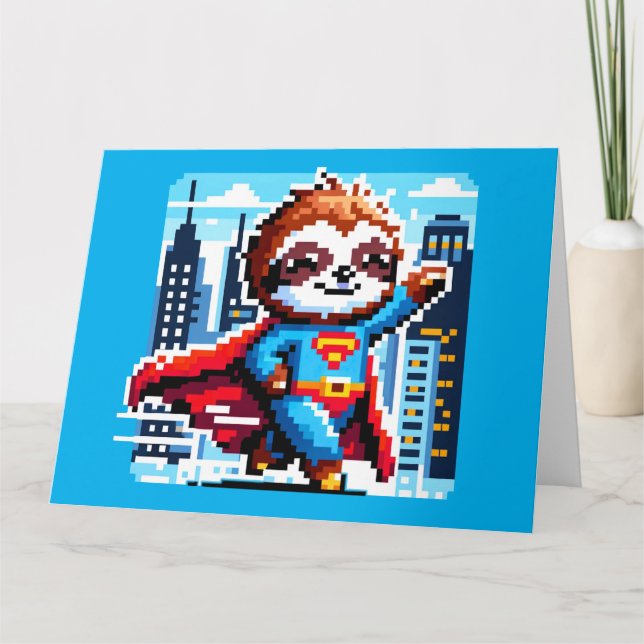 Cartão Super Sloth Funny Pixel Art Hero Cityscape Design (Frente)