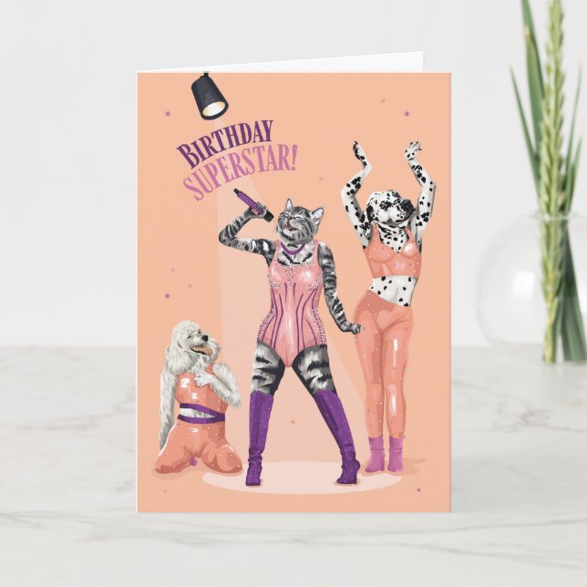 Cartão Superestrela de Aniversário de Gato e Cão (Frente)