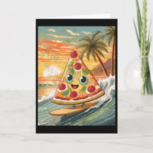 Cartão Surfando Uma Fatia De Pizza Na Onda Em Praia Tropi