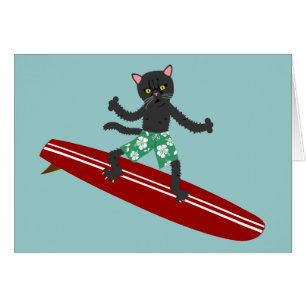Cartão Surfista de Longboard do gato preto