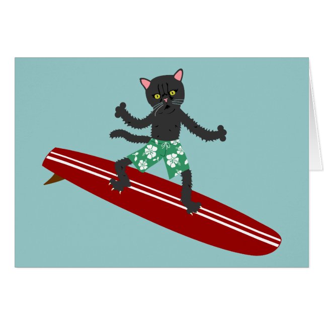 Cartão Surfista de Longboard do gato preto (Frente Horizontal)