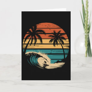 Cartão Surfista Surfando Com Palmeiras Férias Tropicais _