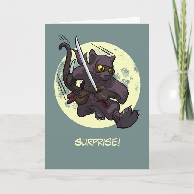 Cartão Surpresa! Gato Preto Ninja Chute Voador Cartoon (Frente)