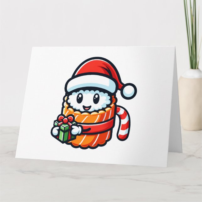 Cartão Sushi de Natal - Desenho de Cartoon de Comida de F (Frente)