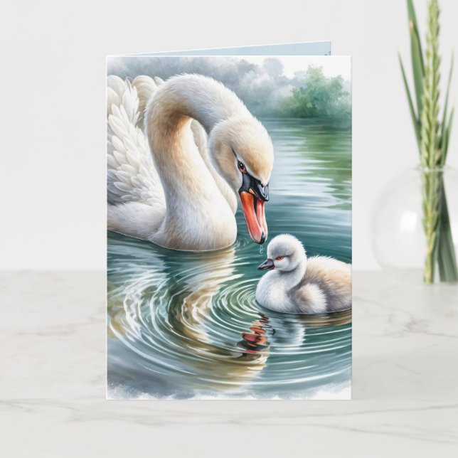 Cartão Swan de Aniversário da mãe com Cygnet (Frente)