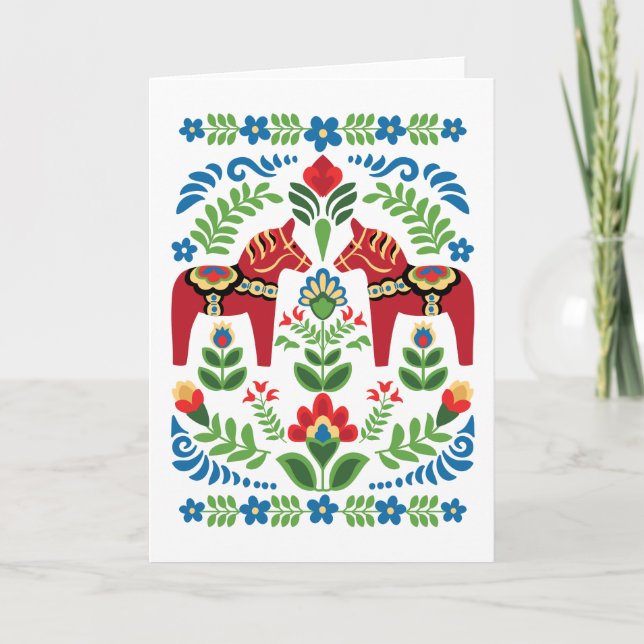 Cartão Swedish Dala Horses Red Greeting Card (Frente)