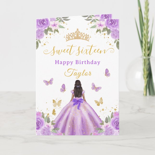 Cartão Sweet 16 Purple Princess African American Girl (Frente)