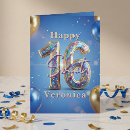 Cartão Sweet 16 Royal Blue Gold Glitter Balloon Birthday