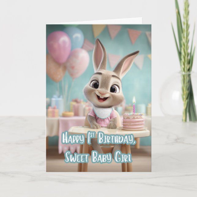 Cartão Sweet Baby Girl Bunny 1st Birthday Party (Frente)