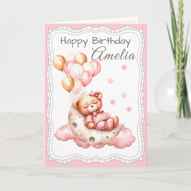 Cartão Sweet Bear on the Moon Birthday Card for Girl (Frente)