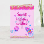 Cartão Sweet Birthday Wishes<br><div class="desc">Cute and lovely pink and purple hearts and sweet desserts birthday greeting card</div>