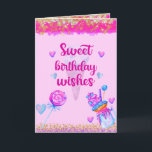 Cartão Sweet Birthday Wishes<br><div class="desc">Cute and lovely pink and purple hearts and sweet desserts birthday greeting card</div>