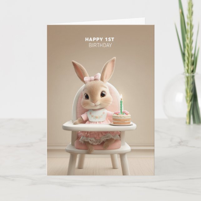 Cartão Sweet Bunny in High Chair w/ First Birthday Cake (Frente)